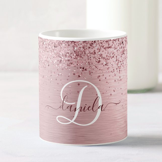 Rosa gebürsteter Glitzer Monogramm Name Kaffeetasse (Von Creator hochgeladen)
