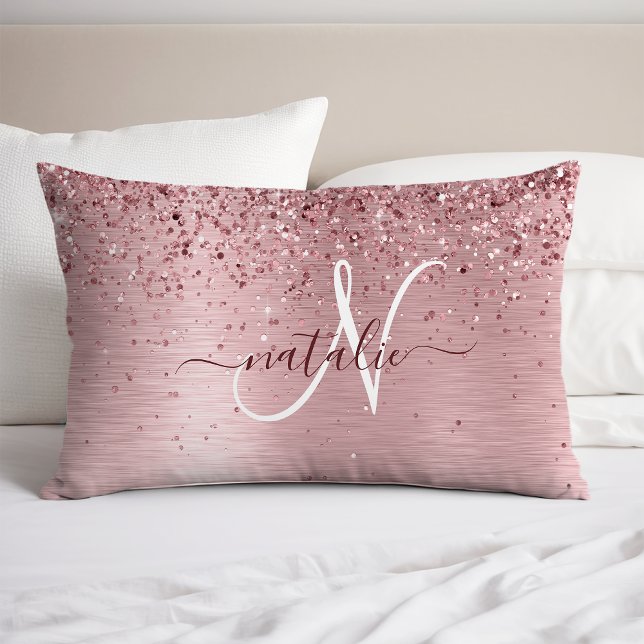 Rosa gebürsteter Glitzer Monogramm Name Kissenbezug (Von Creator hochgeladen)