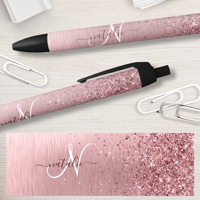 Rosa gebürsteter Glitzer Monogramm Name Kugelschreiber (Von Creator hochgeladen)