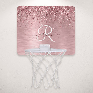Rosa gebürsteter Glitzer Monogramm Name Mini Basketball Netz