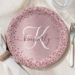 Rosa gebürsteter Glitzer Monogramm Name Pappteller<br><div class="desc">Dieses schicke Design mit hübschem,  schwarz-rosa funkelndem Glitzer auf einem rot-rosa gebürsteten metallischen Hintergrund ist einfach zu personalisieren.</div>