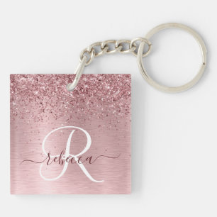 Rosa gebürsteter Glitzer Monogramm Name Schlüsselanhänger