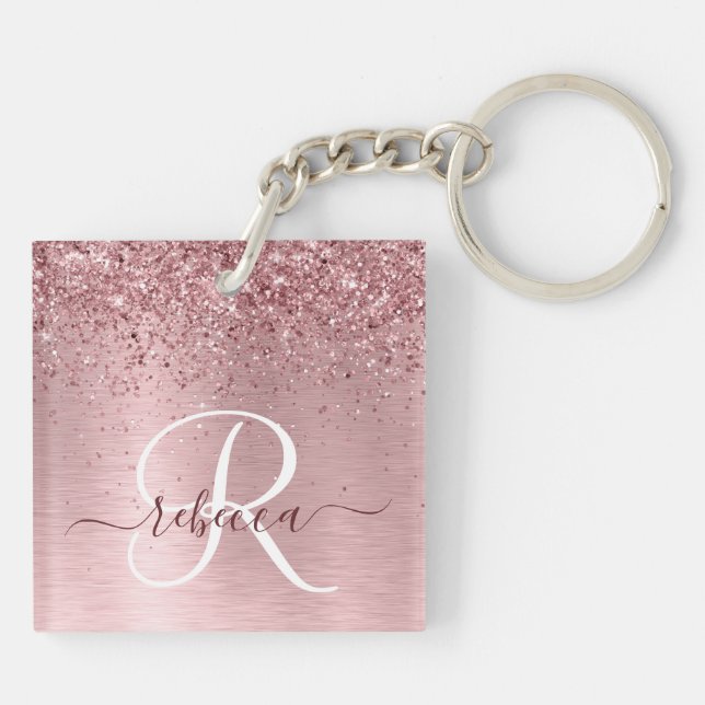 Rosa gebürsteter Glitzer Monogramm Name Schlüsselanhänger (Rückseite)