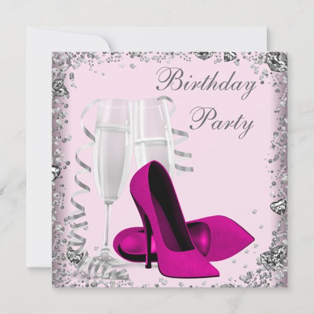 Rosa Geburtstags-Party hoher Heels-Champagne Einladung (Vorderseite)