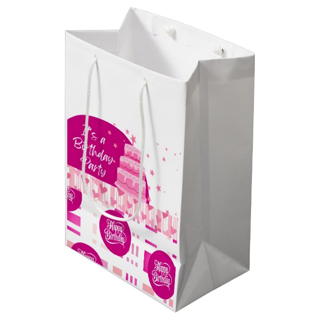 Rosa Geburtstagsfeier Mittlere Geschenktüte (Vorderseite Schrägansicht)