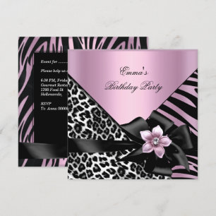 Rosa Geburtstagsfeier Zebra Leopard Elegant Einladung