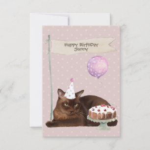 Rosa Geburtstagshut für Burmesen-Katze mit Kuchen Karte