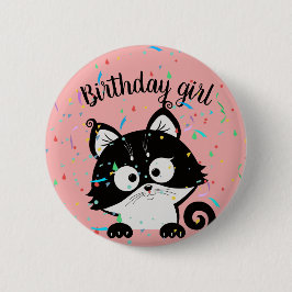 Rosa Geburtstagsmädchen-Partyknopf mit Tuxedokatze Button