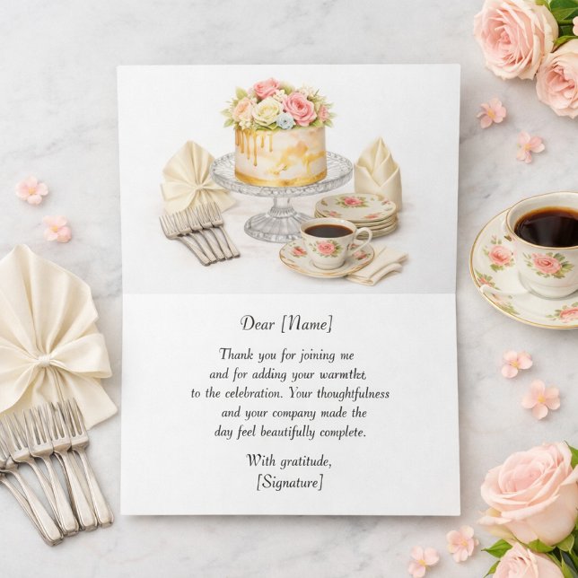 Rosa Geburtstagstorte Dankeskarten   Dankeskarte (Elegant Premium Thank You Card with Watercolor Cake & Coffee Artwork and Inside Message Template)