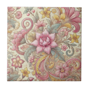 Rosa Gelb Blau Boho Floral Indonesischer Batik Fliese