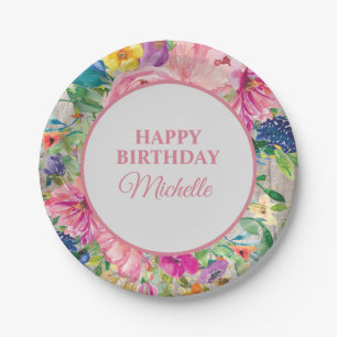 Rosa Gelb Blau Floral Rustikale Holz Geburtstag Pappteller