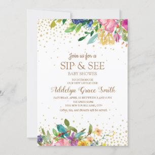 Rosa Gelb Blau Florales Gold Glitter Trink und Sie Einladung