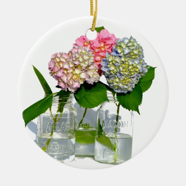 Rosa, gelb-blaue Hydrangeas in Mason-Glas Keramikornament (Vorne)