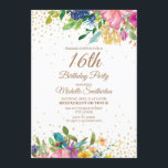 Rosa Gelb Blauer Glitzer 16. Geburtstag Einladung<br><div class="desc">Elegante und farbenfrohe rosa,  blaue und gelbe Aquarellblume mit goldenem Glitzer auf einer weißen Sweet 16 Geburtstagsfeier Einladung. Kontaktieren Sie uns für Hilfe bei der Anpassung oder um passende Produkte anzufordern.</div>