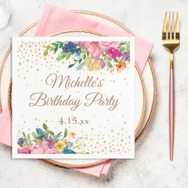 Rosa Gelb Blume Geburtstag Serviette (Elegant pink and yellow watercolor floral and gold glitter birthday party paper napkin)