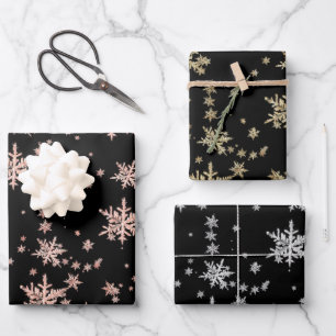 Rosa Gelb Gold Silberschneeflocken Schwarz Geschenkpapier Set