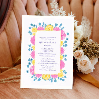 Rosa Gelb und Blau florale bunte Quinceañera Einladung