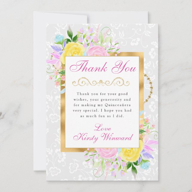 Rosa, Gelb und Blüten Gold Quinceanera Dankeskarte (Vorderseite)