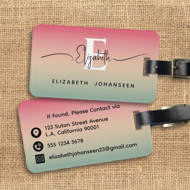 Rosa Gelb und grüne Gradientenschrift Monogram Gepäckanhänger (Von Creator hochgeladen)