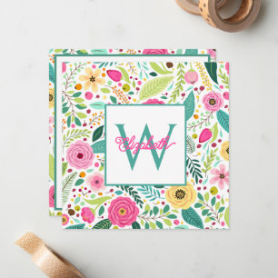 Rosa Gelb und Türkis Frühlingsblumen Monogramm Mitteilungskarte