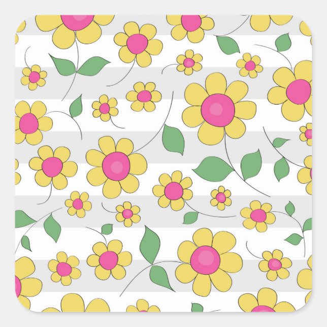 Rosa Gelbblüte Blume Frühjahr Kinder Doodles Quadratischer Aufkleber (Vorderseite)