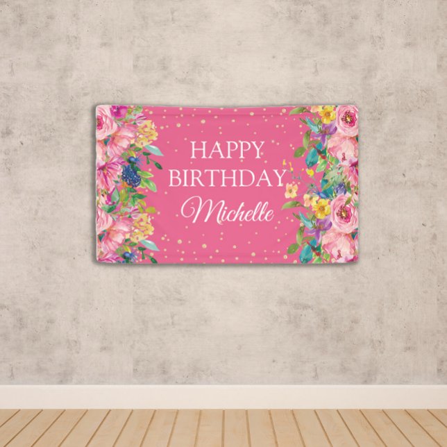 Rosa Gelbblütenblüter Glitzer Glückwunsch zum Gebu Banner (Pink and yellow floral with gold glitter "Happy birthday" banner personalized with a name.)