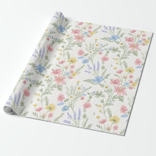 Rosa Gelbe Blaue Wildblumen Aquarellstil Geschenkpapier
