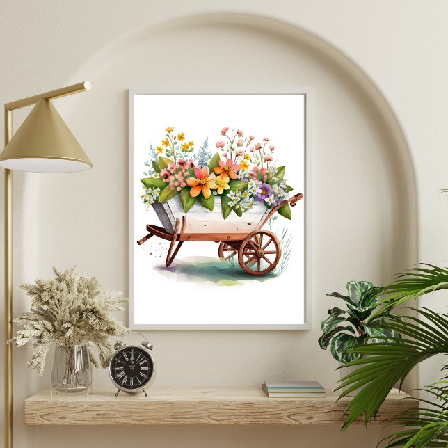 Rosa Gelbe Blume im Weißen Garten in Rollfelsen Poster (Wheel Barrel with Flowers Country Rustic Wall Art poster)