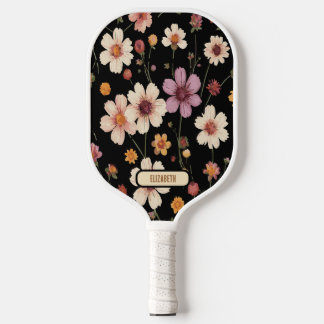 Rosa Gelbe Blume Muster Schwarzer Hintergrund Pickleball Schläger
