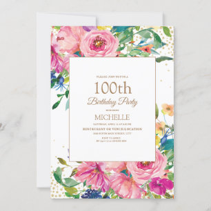 Rosa gelbe Blumen Gold Glitter 100. Geburtstag Einladung