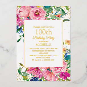 Rosa gelbe Blumen Gold Glitter 100. Geburtstag Folieneinladung