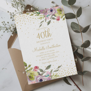 Rosa gelbe Blumen Gold Glitter 40. Geburtstag Einladung