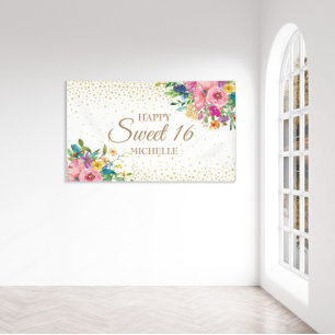Rosa gelbe Blumen Gold Glitter Sweet 16 Banner