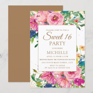 Rosa Gelbe Blumen Gold Glitter Sweet 16 Einladung