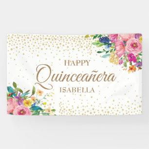 Rosa Gelbe Blumen Gold Glitzer Happy Quinceañera Banner