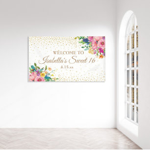 Rosa Gelbe Blumen Gold Glitzer Sweet 16 Banner