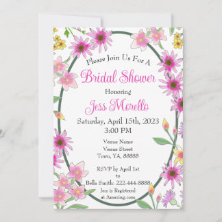 Rosa Gelbe Blumen Grünes Brautparty Einladung