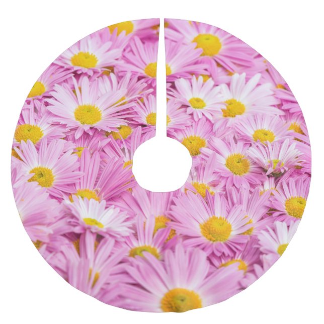 Rosa Gelbe Blumen Nahtloser Hintergrund Polyester Weihnachtsbaumdecke (Vorderseite)