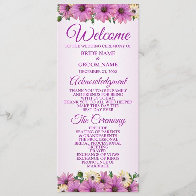 Rosa gelbe Blumen Rustikale elegante Hochzeit Programm (Vorderseite)
