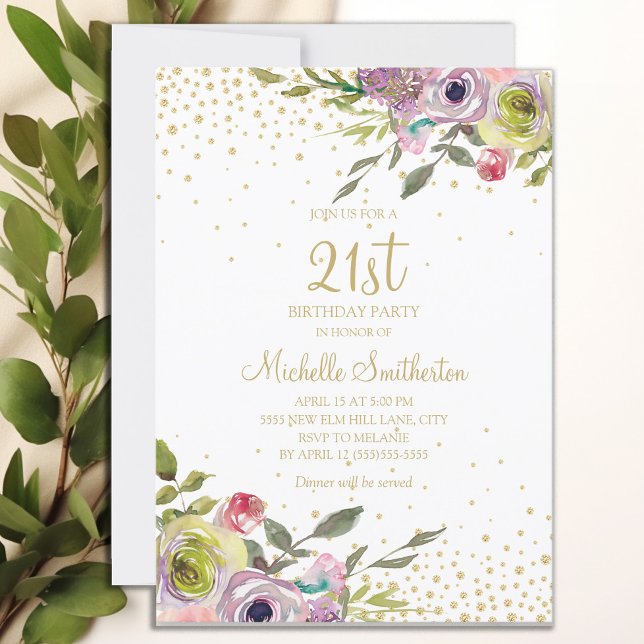 Rosa Gelbe Blütengold Glitzer 21. Geburtstag Einladung (Purple watercolor floral and gold glitter 21st birthday party invitation)