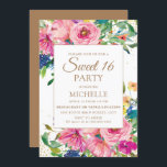 Rosa Gelbe Blütengoldblüte Glitzer Süß 16 Einladung<br><div class="desc">Elegante und farbenfrohe Rosa, Blau und Gelb Aquarell mit goldenem Glitzer auf einer weißen Sweet 16 Geburtstagsfeier für Mädchen. Wenden Sie sich an den Designer, um Hilfe bei der Anpassung zu erhalten, oder um passende oder koordinierende Produkte anzufordern. Der Text auf dieser Karte ist vollständig anpassbar und kann für ein...</div>