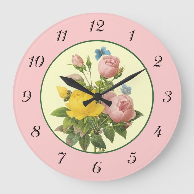 Rosa gelbe botanische Rose Wall Clock Große Wanduhr (Vorderseite)