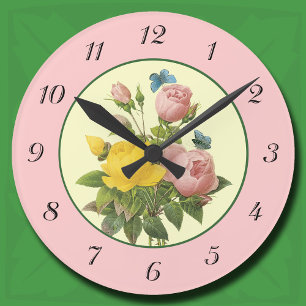 Rosa gelbe botanische Rosen Wanduhr mit Zahl