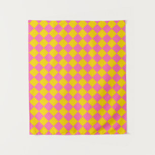 Rosa gelbe Diamant-Harlekin-Schachbrettmuster Wandteppich