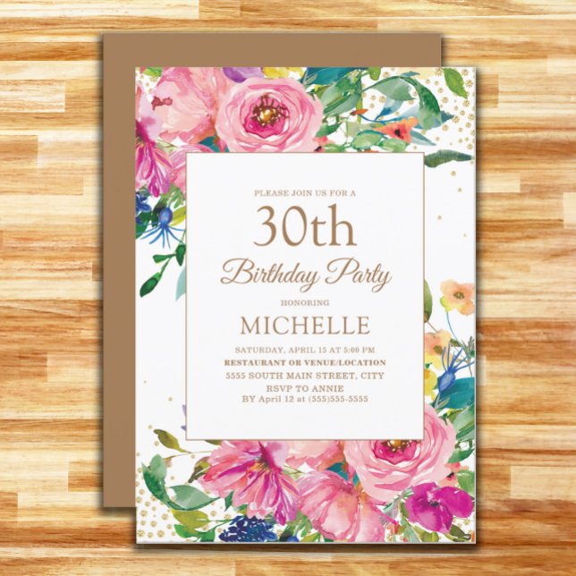 Rosa Gelbe Flora Glitzer 30. Geburtstag Einladung (Pink, yellow, and blue watercolor floral 30th birthday party invitation)