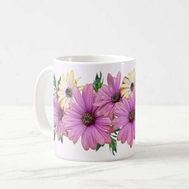 Rosa Gelbe Florale Rustikale Elegante Hochzeit Kaffeetasse (Vorderseite Links)
