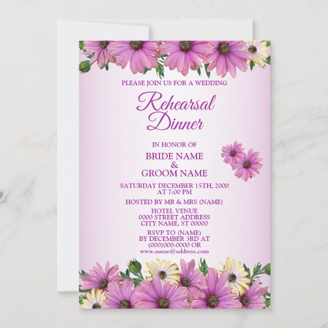 Rosa gelbe florale rustikale Hochzeitsprobe Dinner Einladung (Vorderseite)