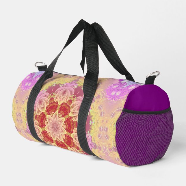 Rosa Gelbe geometrische Fraktal-Blume Duffle Bag (Rechte Ecke)