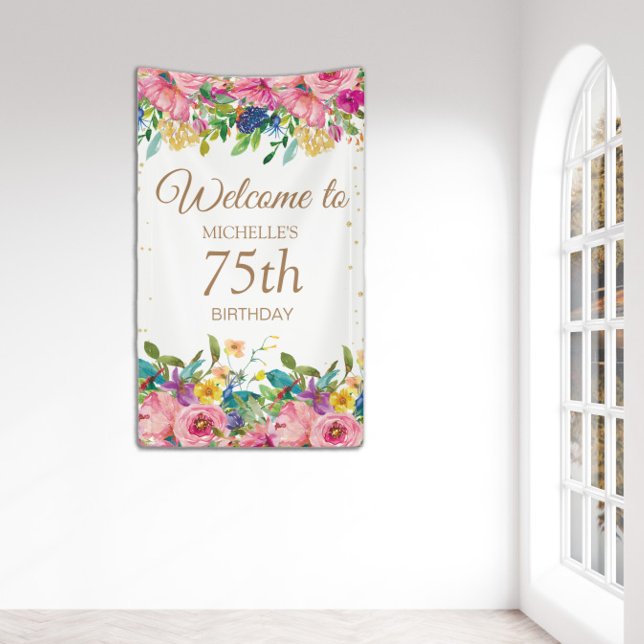 Rosa Gelbe Glitzer, 75. Geburtstag Willkommen Banner (Vertical 75th birthday "Welcome" banner.)