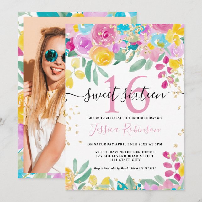 Rosa-gelbe Goldschrift Sweet 16 Einladung (Vorne/Hinten)